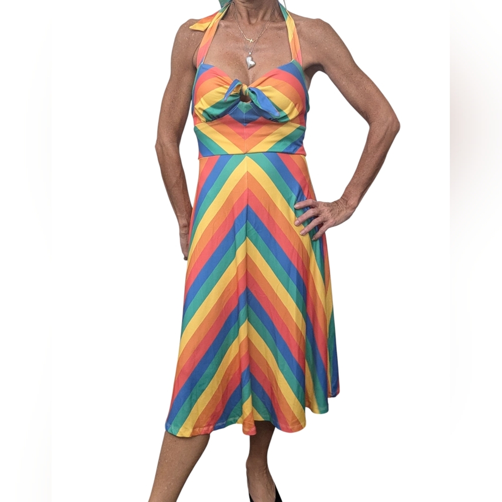 ModCloth Rainbow Halter Midi Dress S Tie Front Fit & Flare Retro